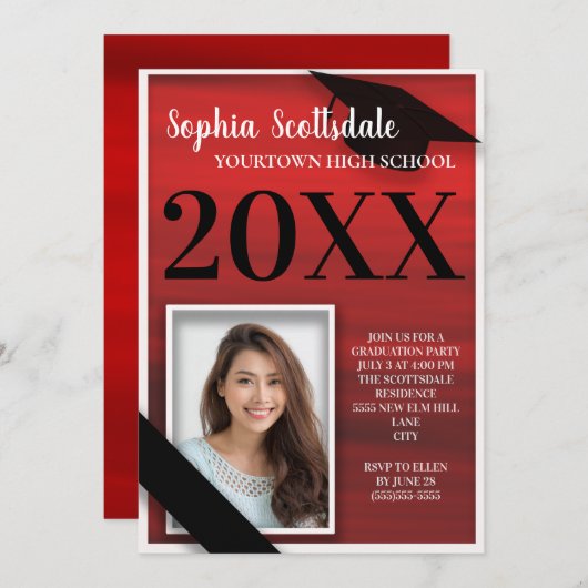 Rood Zwart-wit Afstuderen Aankondiging (Voorkant / Achterkant)