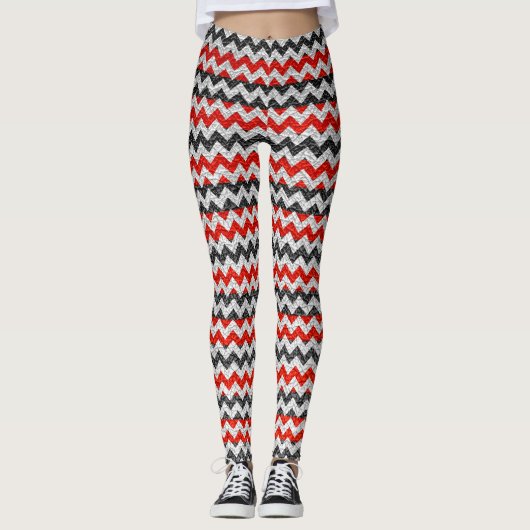 Rood Zwart Wit Chevron Modern Leer Leggings (Voorkant)