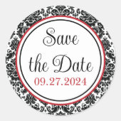 Rood, Zwart, Wit Damask Bruiloft Ronde Sticker (Voorkant)