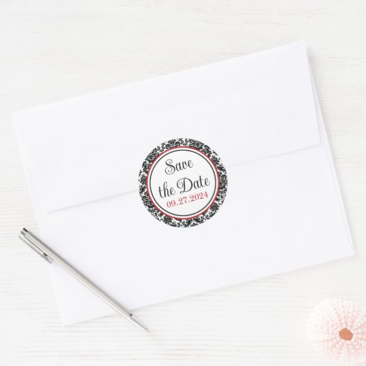 Rood, Zwart, Wit Damask Bruiloft Ronde Sticker (Envelop)