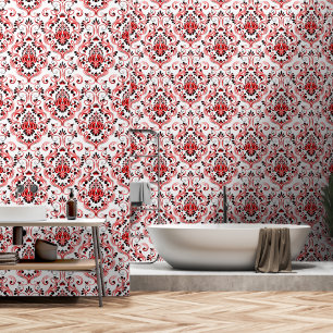 Rood Zwart-Wit Damast Bloemschil en stok Behang