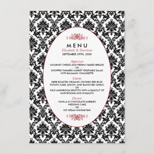  Rood, Zwart & Wit Damast Bruiloft Menu (Voorkant)
