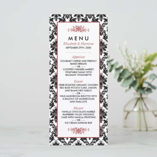 Rood, Zwart & Wit Damast Bruiloft Menu (Staand voorkant)