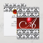 ROOD ZWART WIT DAMAST GEBOORTEMONOGRAM rsrv zilver RSVP Kaartje (Voorkant / Achterkant)