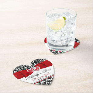 Rood, Zwart, Wit Damast Liefde Harten Bruiloft Kartonnen Onderzetters