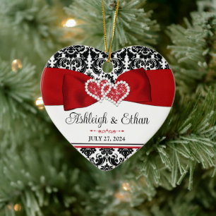 Rood, Zwart, Wit Damast Liefde Harten Bruiloft Keramisch Ornament