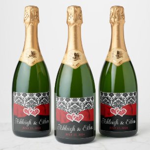 Rood, Zwart, Wit Damast Liefde Harten Bruiloft Sparkling Wijnetiket