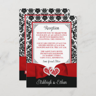 Rood, zwart, wit damast, liefdesharten behuizing RSVP kaartje