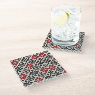 Rood Zwart Wit Geometrisch Keffiyeh Folk Patroon Glazen Onderzetter