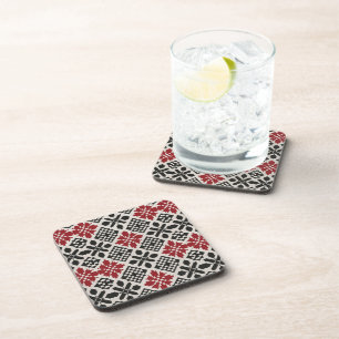 Rood Zwart Wit Geometrische Keffiyeh Folk Patroon Bier Onderzetter