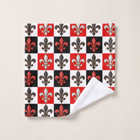 Rood Zwart Wit Geruit Fleur-de-lis Design Bad Handdoek (Wasdoekje)