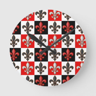 Rood Zwart Wit Geruit Fleur-de-lis Design Ronde Klok
