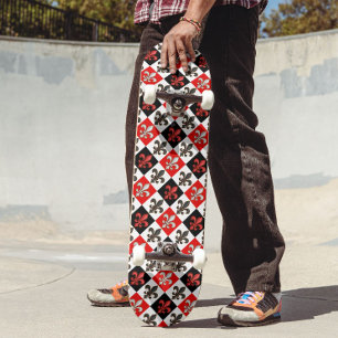 Rood Zwart Wit Geruit Fleur-de-lis Design Skateboard