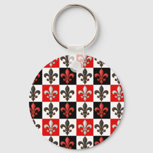 Rood Zwart Wit Geruit Fleur-de-lis Design Sleutelhanger