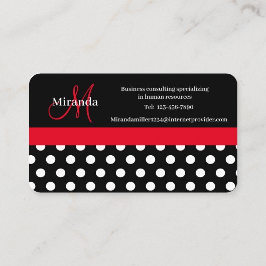 Rood Zwart Wit Polka Dot Monogram Visitekaartje (Achterkant)