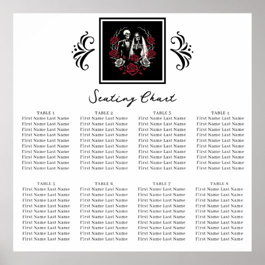 Rood & Zwart Wit Rozen Skelet Bruiloft Zitplaatsen Poster (Voorkant)
