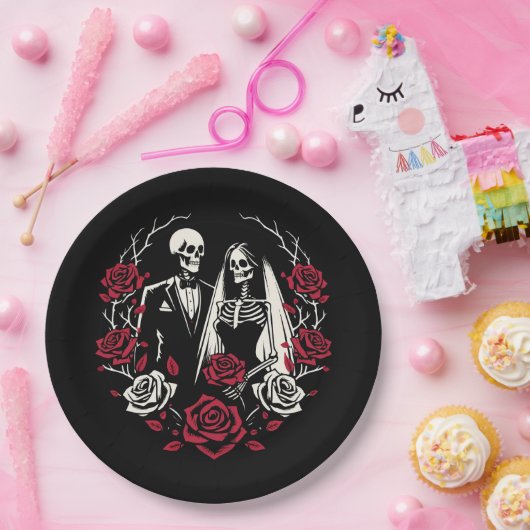 Rood & Zwart Wit Rozen Skelet Paar Bruiloft Papieren Bordje (Feest)