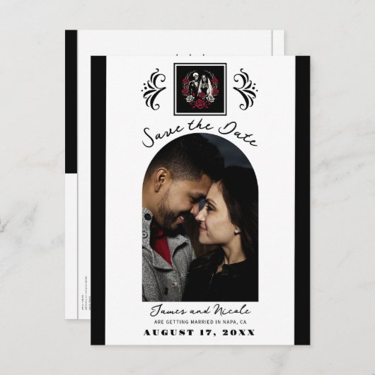 Rood & Zwart Wit Rozen Skelet Save the Date Aankondigingskaart (Voorkant / Achterkant)