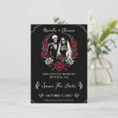 Rood & Zwart Wit Rozen Skelet Save the Date Kaart (Staand voorkant)