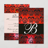 ROOD ZWART WIT RUBY DAMASK MONOGRAM RSVP KAARTJE (Voorkant / Achterkant)