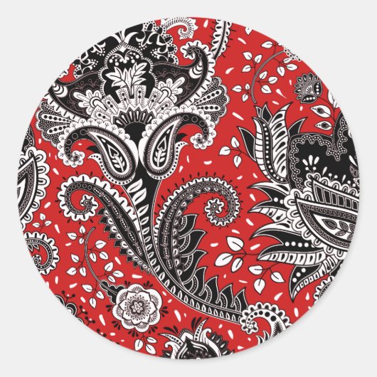 Rood Zwart & Witte Bloemige Paisley Boheemse Boho Ronde Sticker (Voorkant)