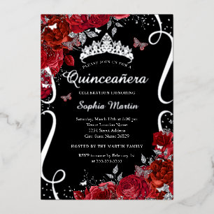 Rood Zwart Zilveren Bloem Vlinder Quinceanera Folie Uitnodiging