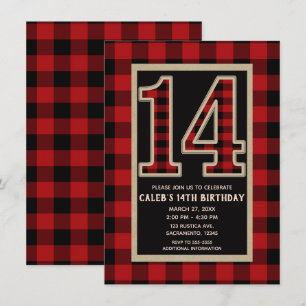 Rood Zwarte Buffalo Plaid 14e 14 Verjaardag Kaart