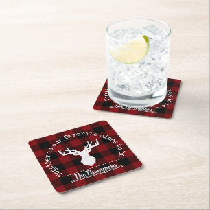 Rood Zwarte Buffalo Plaid Familie Feest Vierkante Kartonnen Onderzetter