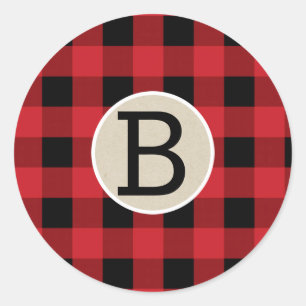 Rood Zwarte Buffalo Schachbrettige Kraft Monogram Ronde Sticker