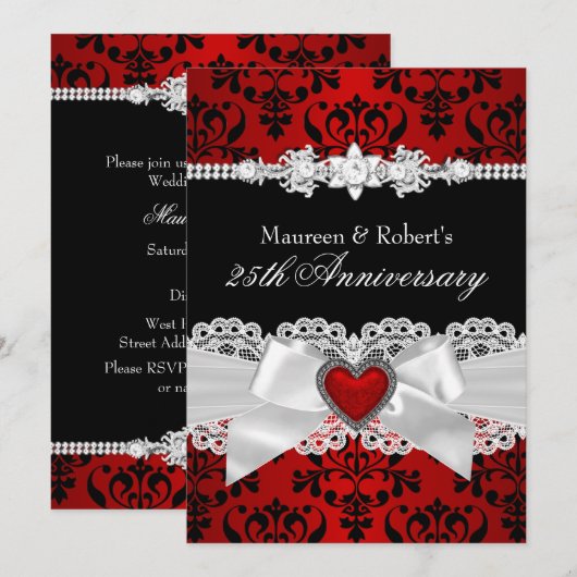 Rood Zwarte Damast Harten Boog 25e Verjaardag Kaart (Voorkant / Achterkant)