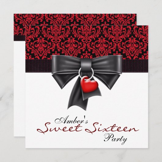 Rood Zwarte Damast Sweet 16 Verjaardagsfeestje Kaart (Voorkant / Achterkant)