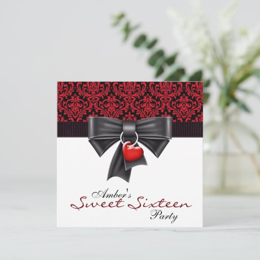 Rood Zwarte Damast Sweet 16 Verjaardagsfeestje Kaart (Staand voorkant)