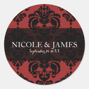 Rood Zwarte Damast Vintage Trouwfeest Favor Ronde Sticker