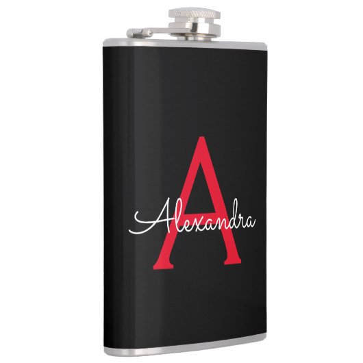 Rood Zwarte Script Meisjesnaam Monogram Heupfles (Rechts)