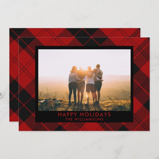 Rood Zwarte Tartan Aangepaste Naam Foto Bericht Feestdagenkaart (Voorkant / Achterkant)