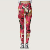 Roodachtige roze bloemen groene bladeren witte ach leggings (Voorkant)