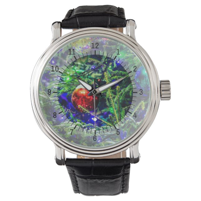 Roodbal met groene kerstboom horloge (Voorkant)