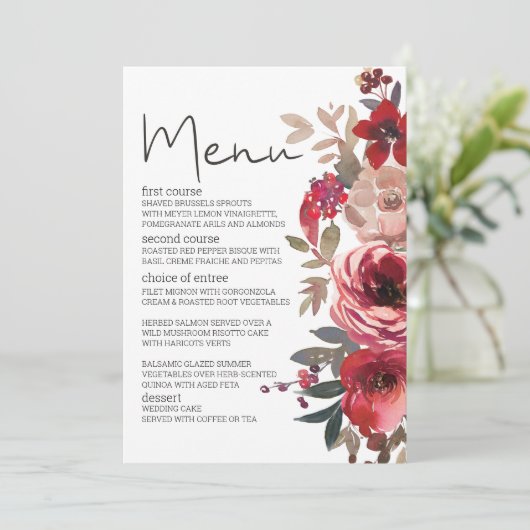Roodbloesse Rozen Romantische bruiloft Menu (Staand voorkant)