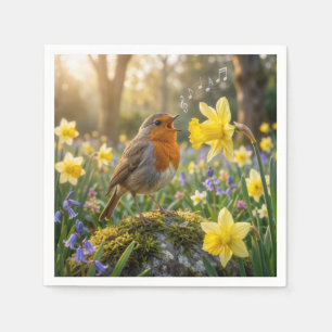 Roodborst die in een Narcis zingt Servet