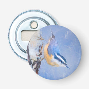 Roodborst Nuthatch schilderij Originele Vogelkunst Button Flesopener