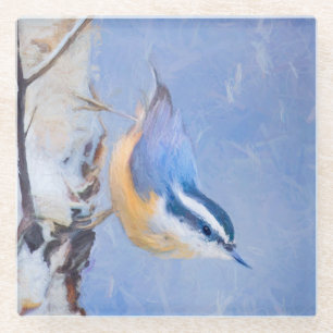 Roodborst Nuthatch schilderij Originele Vogelkunst Glazen Onderzetter