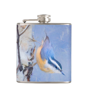 Roodborst Nuthatch schilderij Originele Vogelkunst Heupfles