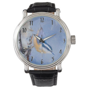 Roodborst Nuthatch schilderij Originele Vogelkunst Horloge