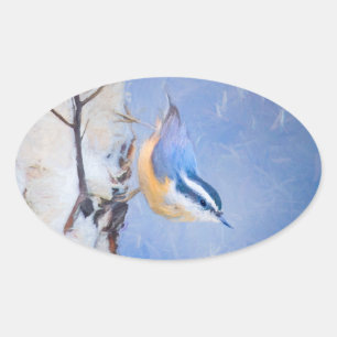 Roodborst Nuthatch schilderij Originele Vogelkunst Ovale Sticker