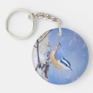 Roodborst Nuthatch schilderij Originele Vogelkunst Sleutelhanger