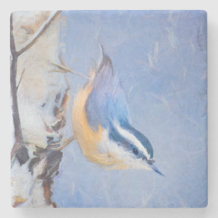 Roodborst Nuthatch schilderij Originele Vogelkunst Stenen Onderzetter