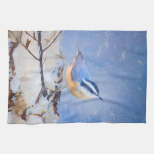 Roodborst Nuthatch schilderij Originele Vogelkunst Theedoek