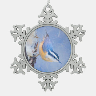 Roodborst Nuthatch schilderij Originele Vogelkunst Tin Sneeuwvlok Ornament