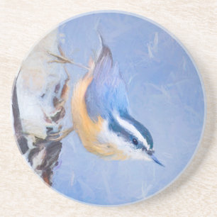 Roodborst Nuthatch schilderij Originele Vogelkunst Zandsteen Onderzetter
