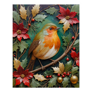 Roodborst tussen hulst en poinsettia perfect poster